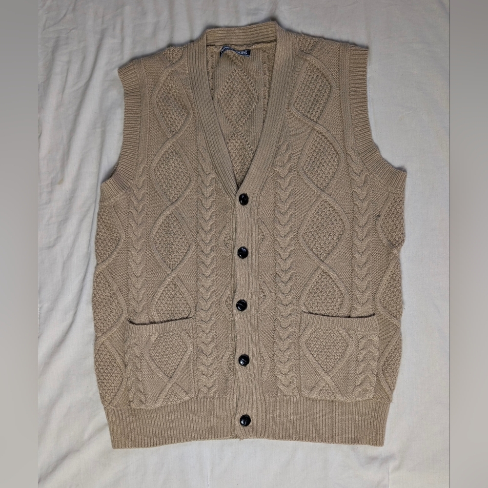 PJ Paul Jones Tan Cable Knit Button Front Sweater Vest Preppy Sz. L